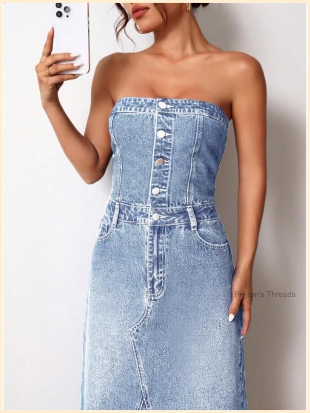 Strapless Denim Tube Dress Back Smocked Midi Slim Fit A-Line Sleeveless Party - Picture 4 of 6